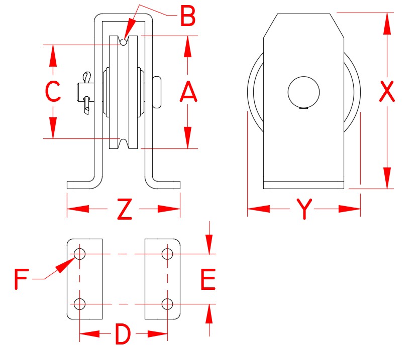 Stainless Steal Surface Mount Block (Wire), S0422-0050-W, S0422-0075-W, S0422-0100-W, Line Drawing